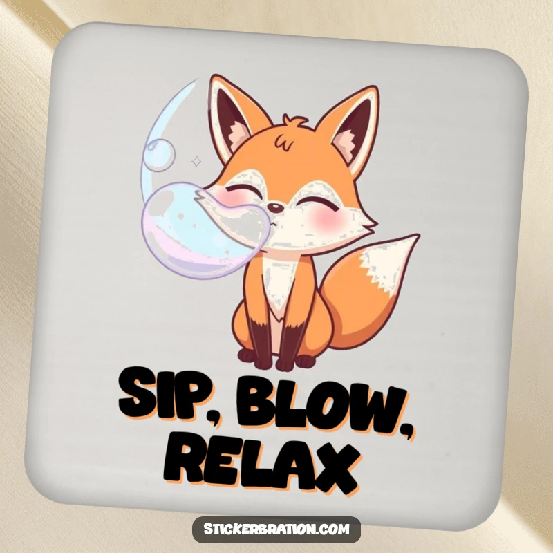 Funny bubbly fox character coaster winking while blowing a giant bubble, adding humor and charm to your table.
