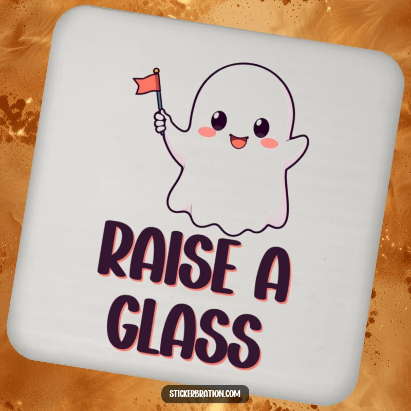 Funny drink coaster featuring a cute ghost character waving a tiny flag, protecting surfaces with whimsical humor.