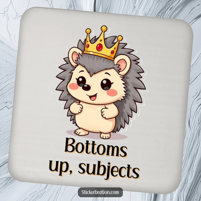 Funny hedgehog character on a drink coaster, wearing a crown and striking a proud pose, for royal protection.