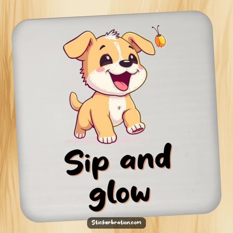 Funny Puppy Firefly Coaster: An excited puppy joyfully chasing a firefly, a cute and functional home accessory.