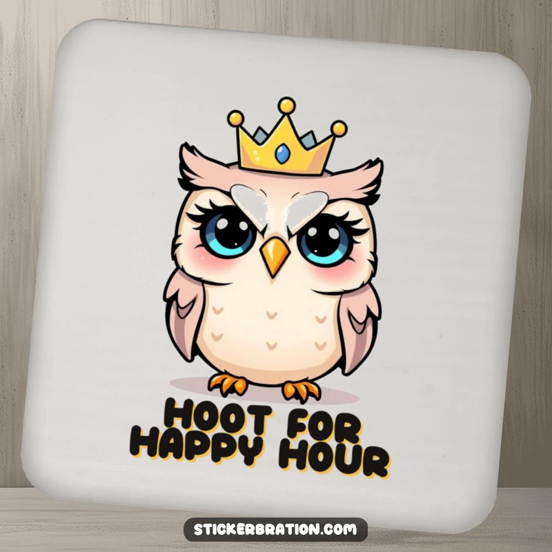 Funny drink coaster depicting a shocked owl wearing a small party crown, adding festive and humorous surprise.