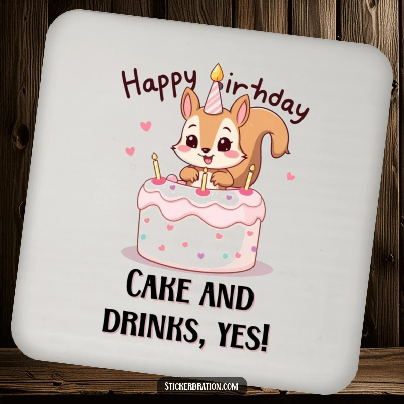 Funny drink coaster with a mischievous squirrel character popping out of a birthday cake, adding a protective and playful touch.