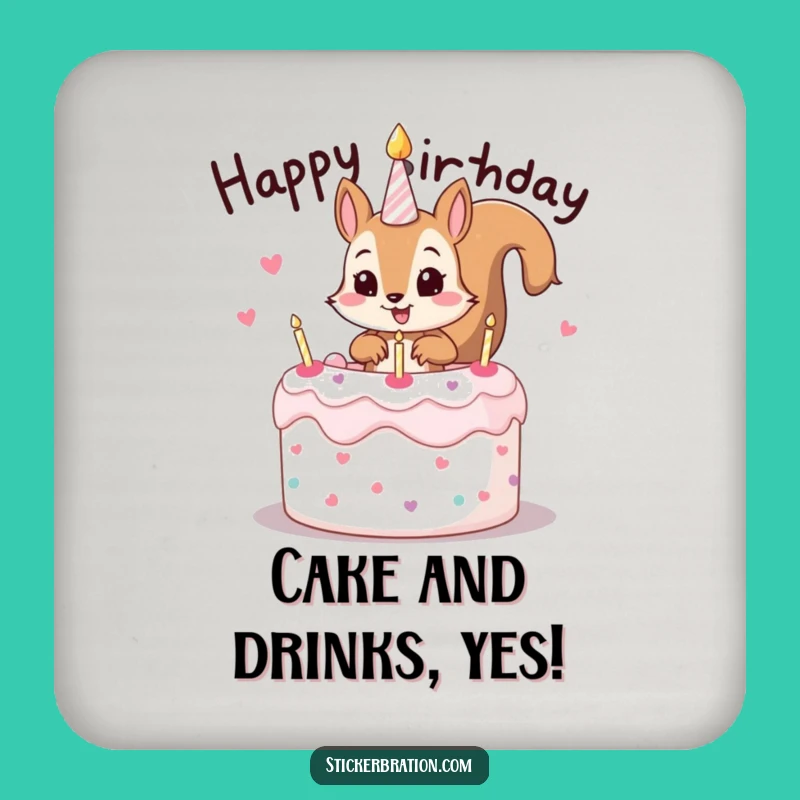 Funny Squirrel Cake Drink Coaster: Protect Surfaces with Mischievous Birthday Style