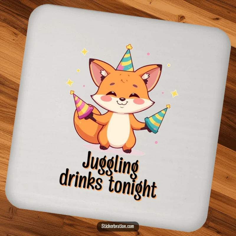 Funny drink coaster with a grinning fox character juggling shiny party hats, adding a protective and playful touch.
