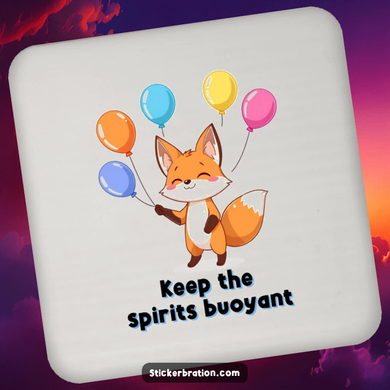 Funny fox drink coasters with a playful character juggling colorful balloons, adding humor and protection to tables.