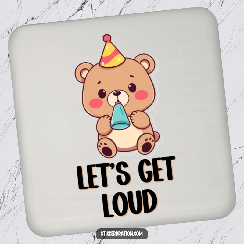 Funny coasters featuring a cute bear character in a party hat, blowing a noisemaker, protecting surfaces with festive cheer.