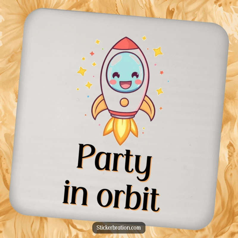 Funny rocket drink coaster showcasing a smiling character blasting off with confetti and stars, protecting surfaces with celestial charm.