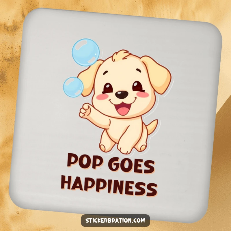 Funny drink coaster depicting a happy puppy character joyfully pursuing a delightful stream of shimmering bubbles.