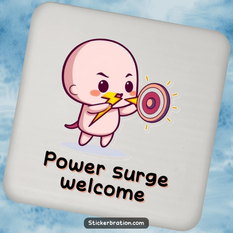 Funny drink coaster featuring a playful lightning bolt character striking a tiny target, protecting surfaces with humor.