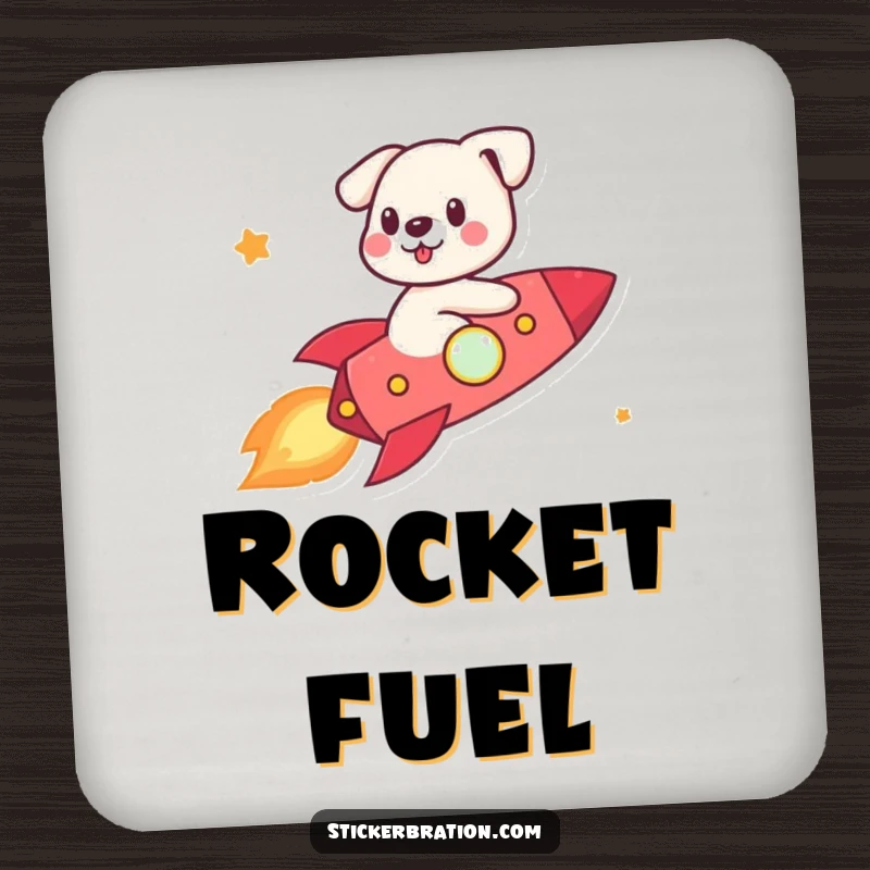 Funny cute dog character riding a rocket on a drink coaster, adding cosmic charm.