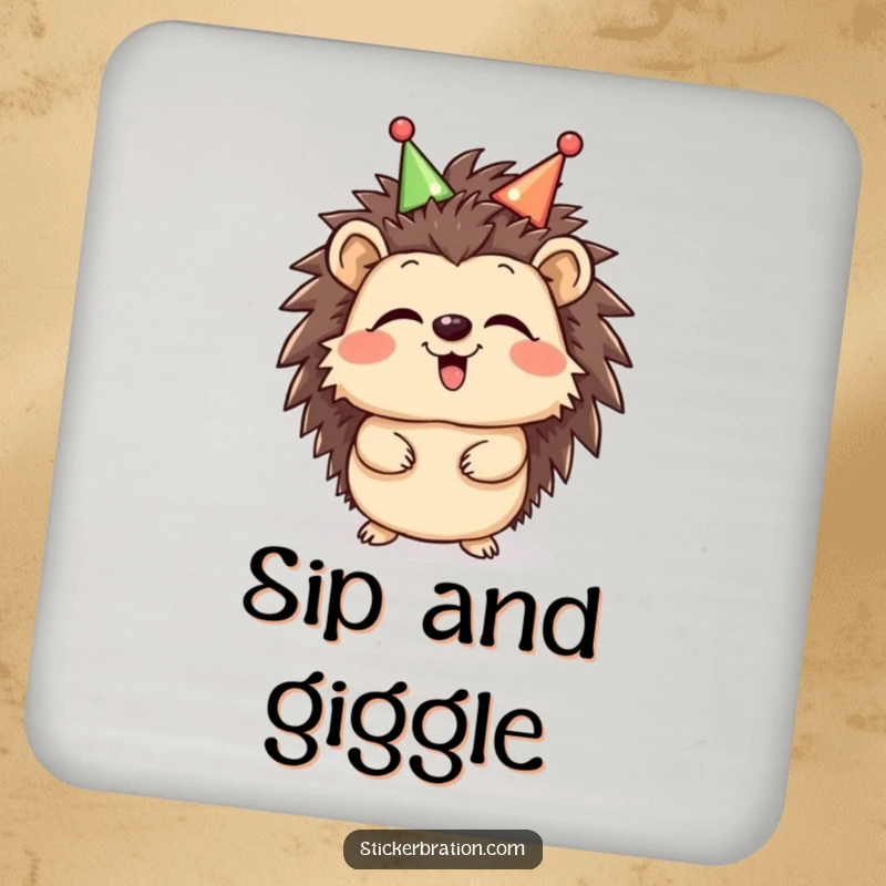 Funny Hedgehog Giggle Coaster featuring a giggling hedgehog wearing a celebratory headband, protecting surfaces with a cheerful and humorous design, a delightful gift.