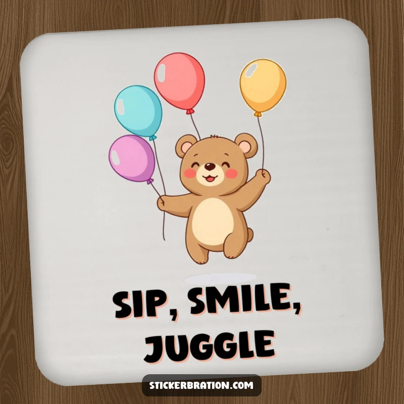 Funny drink coasters featuring a small, smiling bear juggling colorful balloons, adding a humorous and protective touch to any surface.
