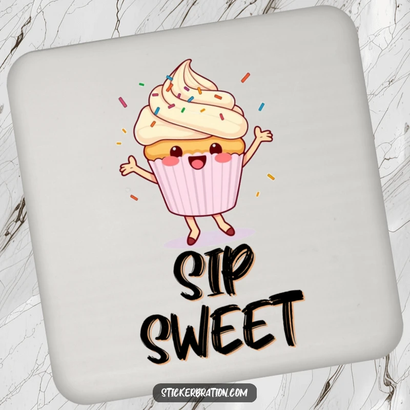 Funny cupcake drink coaster showcasing a dancing character happily showering sprinkles, protecting surfaces with sweet and cheerful charm.