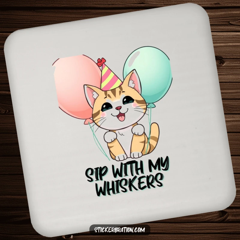 Funny coasters depicting a happy cat in a party hat peeking from behind balloons, adding decorative and protective festive charm.