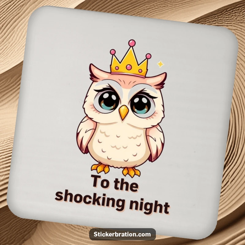 Funny drink coaster featuring a shocked owl wearing a tiny party crown, protecting surfaces with whimsical humor.