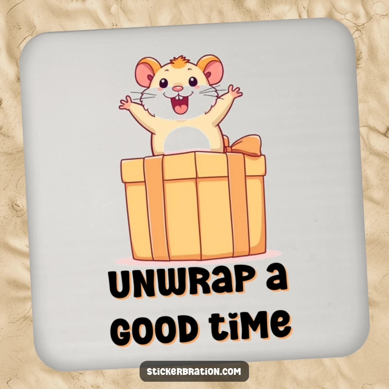Funny hamster drink coaster depicting an excited hamster bouncing on a present box, a humorous and functional table protector.