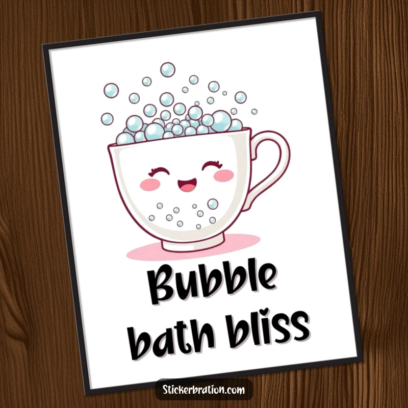 Funny poster of a happy teacup character overflowing with tiny bubbles, creating a cheerful, whimsical, and humorous visual.