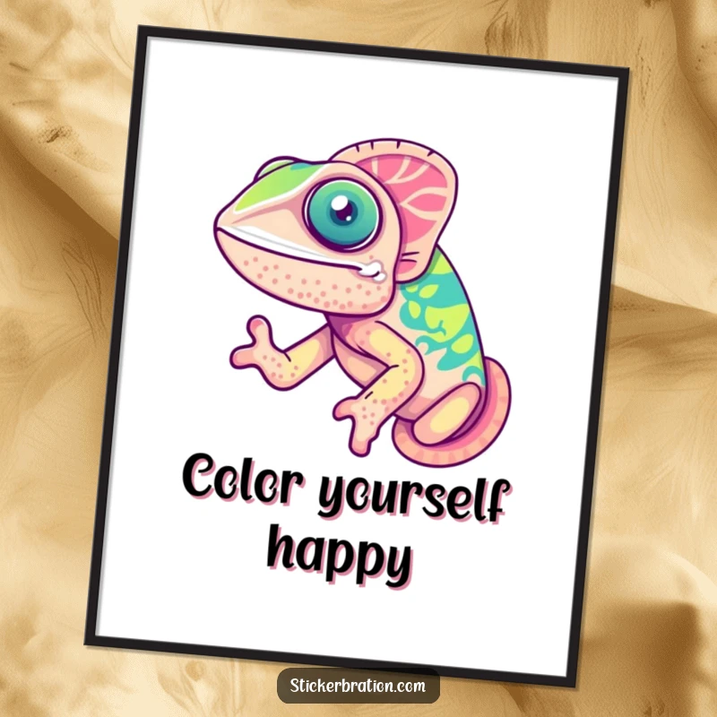 Funny chameleon poster showcasing a cute, jubilant chameleon in the midst of a dazzling, joyful color transformation.