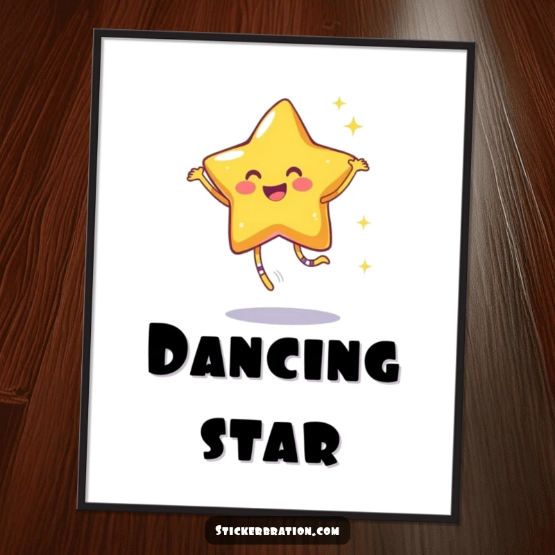 Funny poster depicting a smiling star character in a joyful dance, leaving a mesmerizing trail of glittering sparkles, full of cheer.