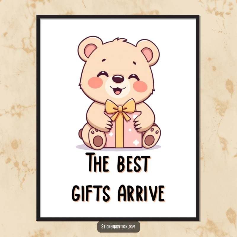 Funny bear cub poster depicting a character excitedly unwrapping a gift box, ideal for adding cheerful and humorous decor.
