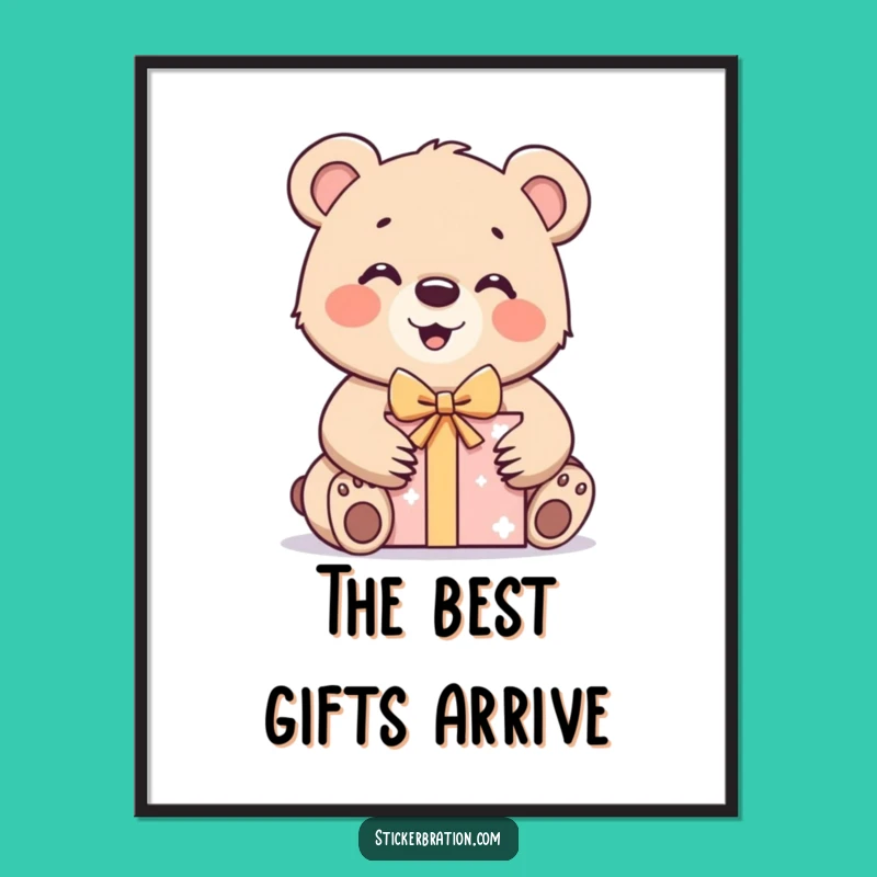 Funny Bear Cub Gift Poster: Decorate with Exciting Present Opening Art