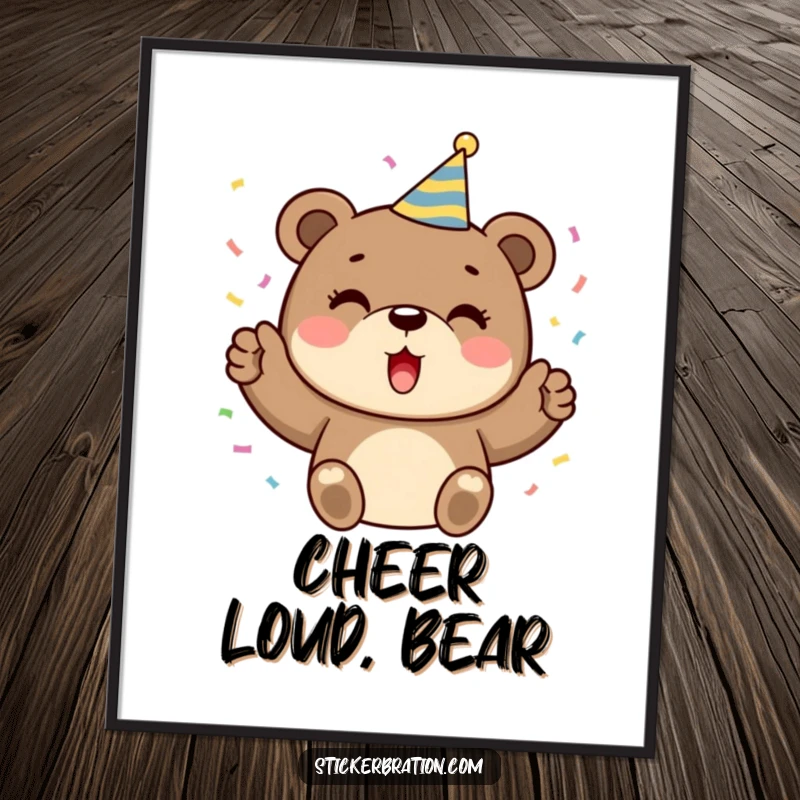 Funny poster capturing a cute, party-ready bear wearing a hat and joyfully showering confetti, creating an atmosphere of pure celebration.