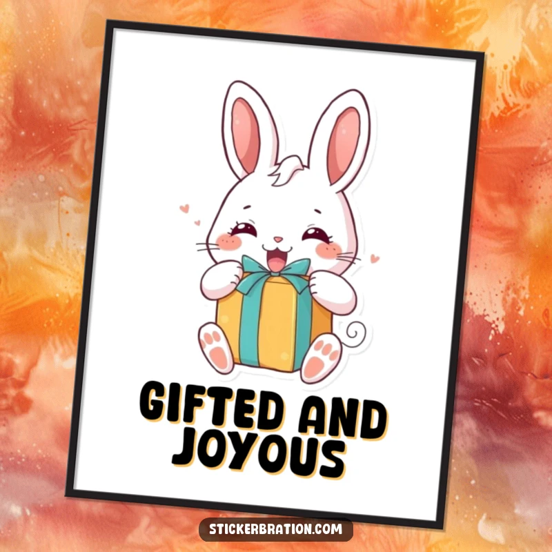 Funny poster depicting a chubby bunny character with wide, joyful eyes, eagerly unwrapping a brightly colored gift, radiating pure delight.