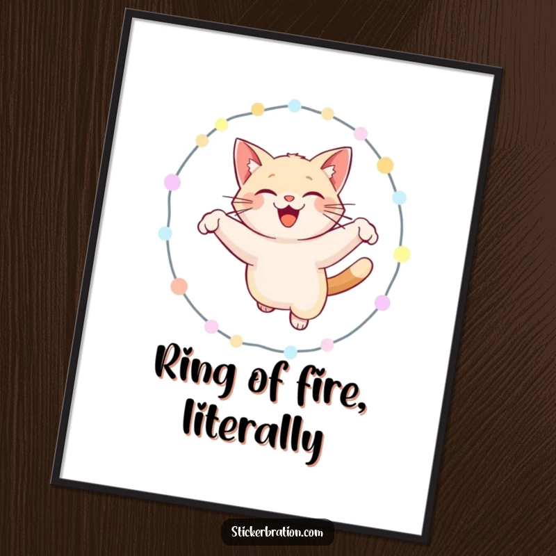 Funny cat poster displaying a cheerful cat mid-air, leaping through a vibrant hoop of lights, radiating happiness and humor.