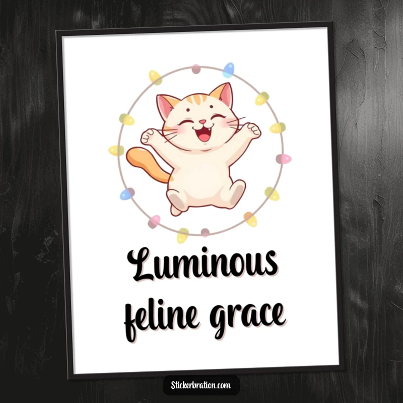 Funny poster showcasing a smiling cat leaping through a hoop of glowing lights, adding whimsical charm to decor.