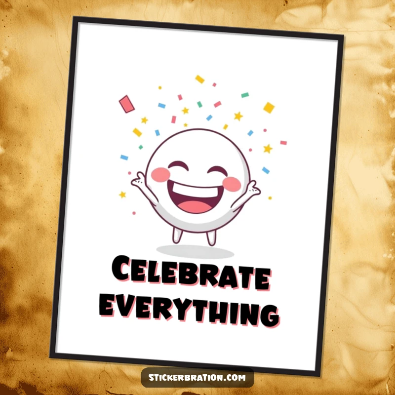 Funny poster print of a round character with a wide grin, throwing confetti, adding festive cheer to walls.