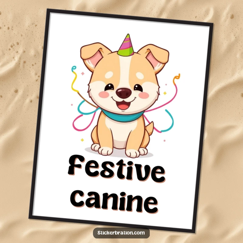 Funny poster capturing a happy dog joyfully adorned with a cascade of colorful party streamers, embodying pure celebratory excitement.