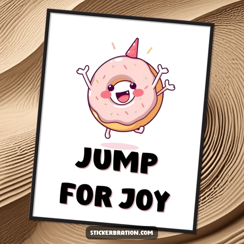 Funny poster featuring a happy donut character in a spectacular celebratory jump, adding joyful and humorous decor.