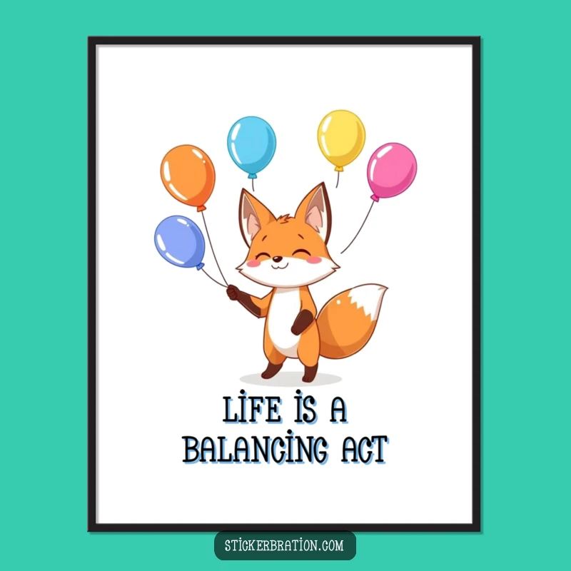Funny Fox Balloon Juggling Poster: Decorate with Playful, Vibrant Art