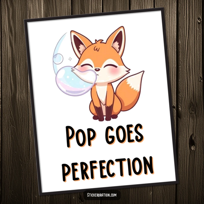 Funny bubbly fox character poster winking while blowing a giant bubble, creating a playful and cheerful atmosphere.