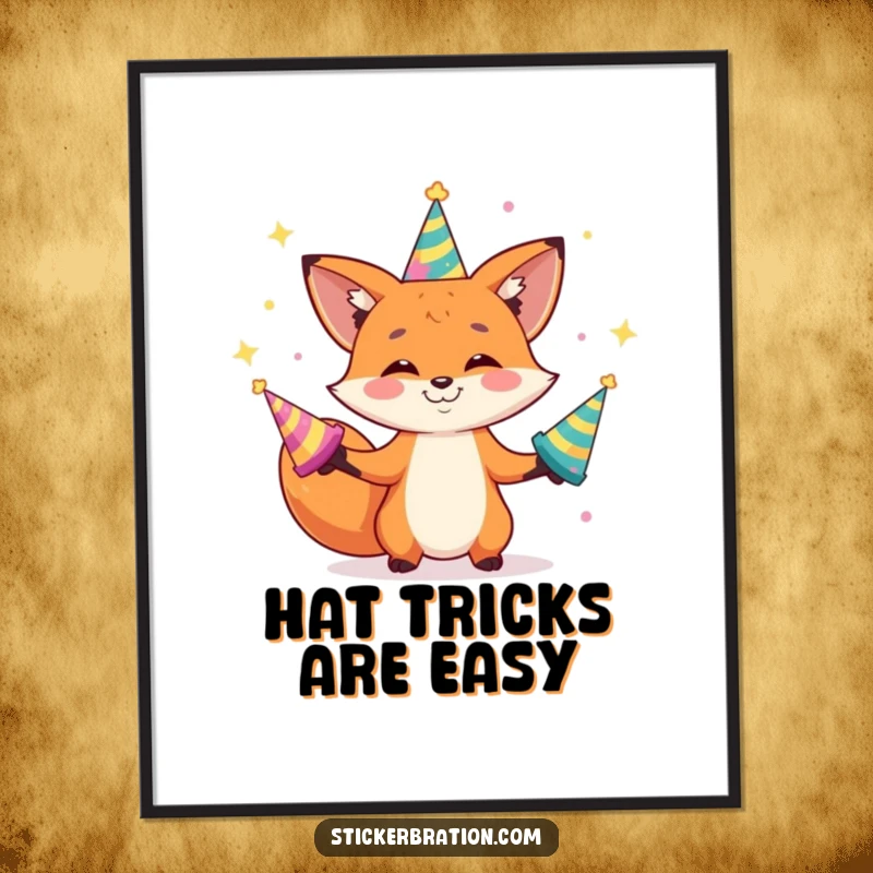 Funny poster of a playful fox character with a wide grin, juggling several shiny party hats, creating a dynamic visual.