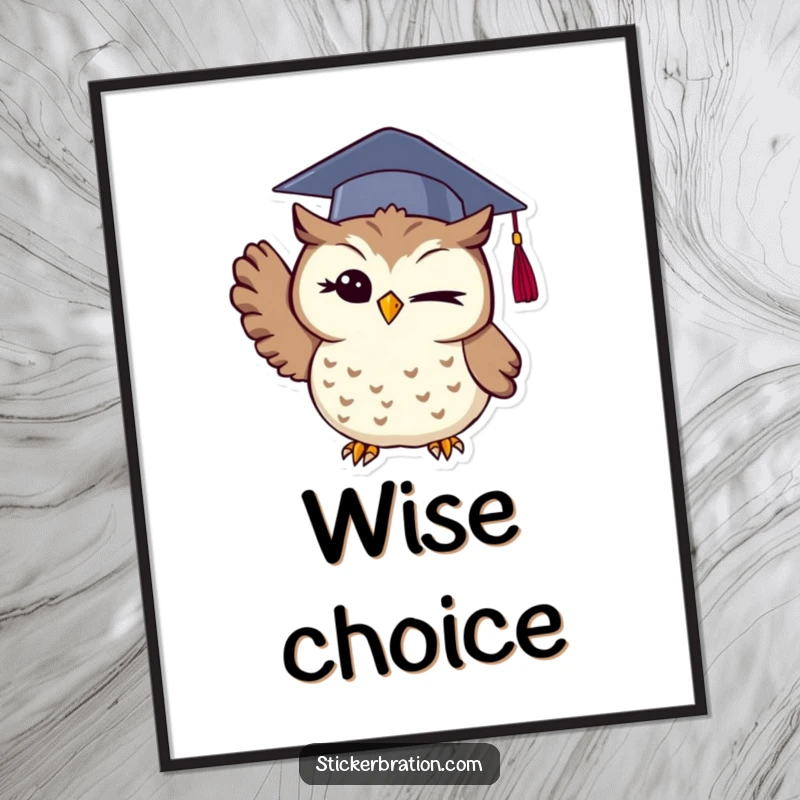Funny owl poster featuring a winking graduate owl in a cap, joyfully throwing it upwards, celebrating academic success with artistic flair.