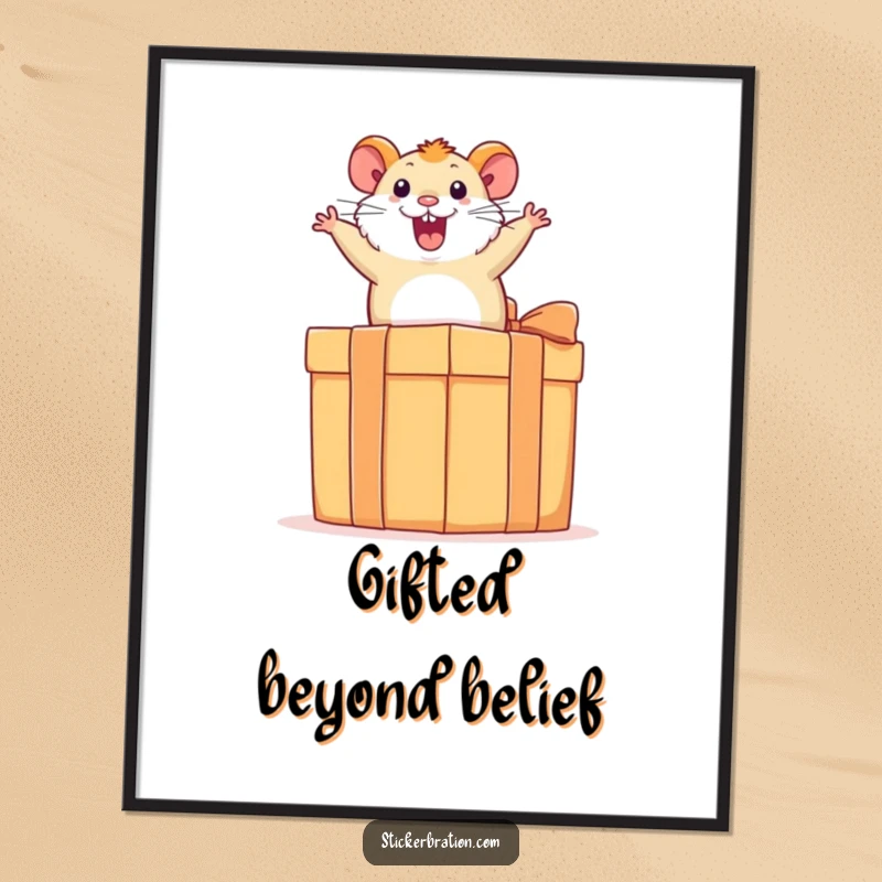 Funny hamster poster featuring an ecstatic hamster leaping energetically on a giant present, capturing a moment of pure, humorous joy.