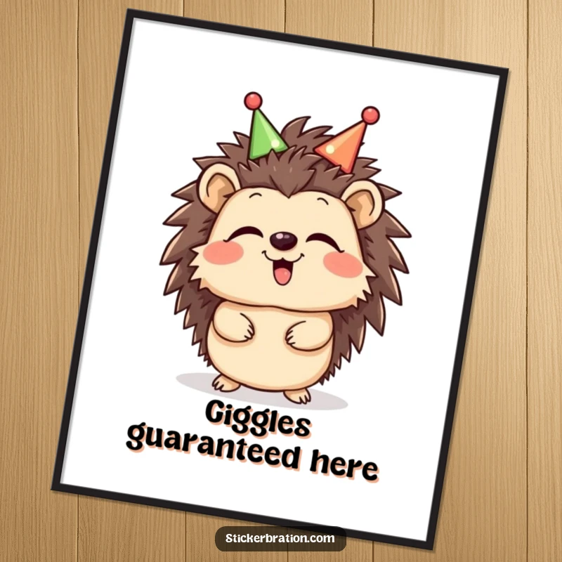 Funny Hedgehog Giggle Poster showing a giggling hedgehog character wearing a celebratory headband, adding a vibrant and humorous cheerful touch to any space, a fun gift.