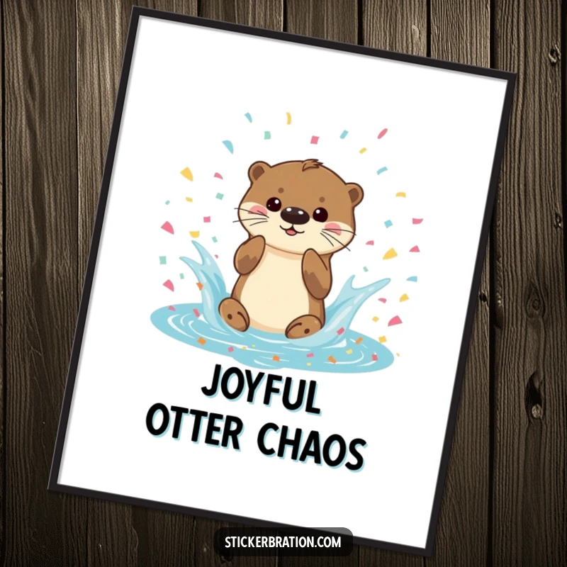 Funny Otter Splash Poster showing a playful otter character splashing in a pool of confetti, adding a vibrant and humorous celebratory touch to any space, a fun gift.