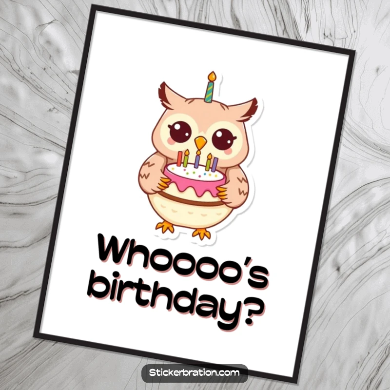Funny cheerful owl character holding a birthday cake with candles in a delightful poster design.