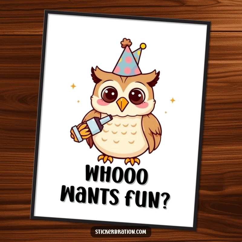 Funny owl character on a poster, wearing a party hat and holding a noisemaker, bringing party energy.