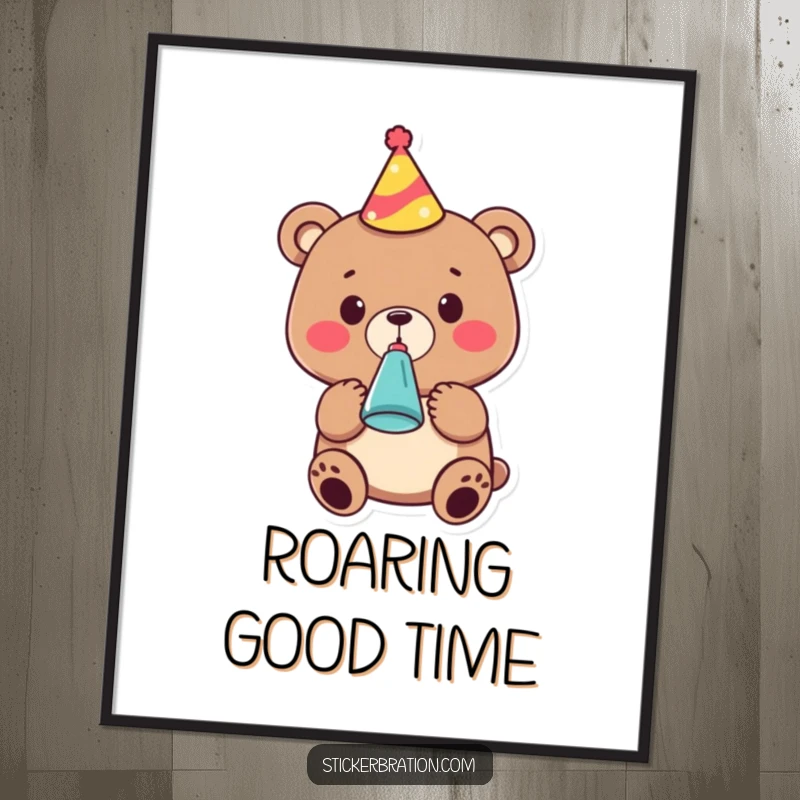 Funny poster depicting a cute bear character wearing a party hat and blowing a noisemaker, capturing the essence of a lively celebration.