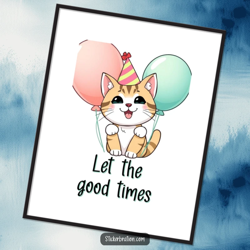 Funny poster illustrating a happy cat wearing a party hat, peeking from behind colorful balloons, creating a festive and joyful atmosphere.