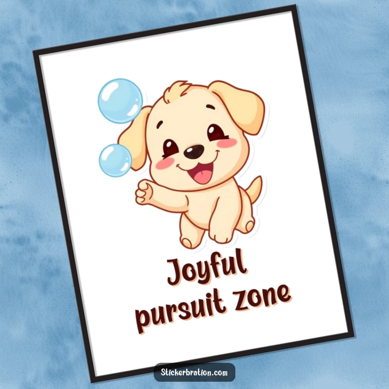 Funny poster capturing a puppy's ecstatic expression while playfully chasing a multitude of floating bubbles.