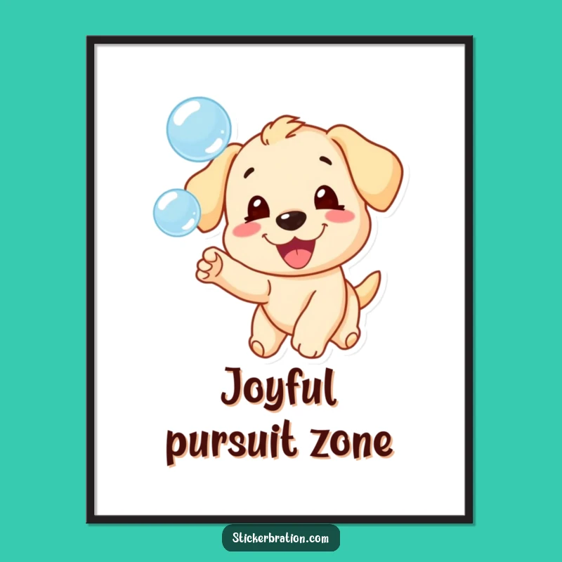 Funny Puppy Chasing Bubbles Poster - Playful Wall Art Gift