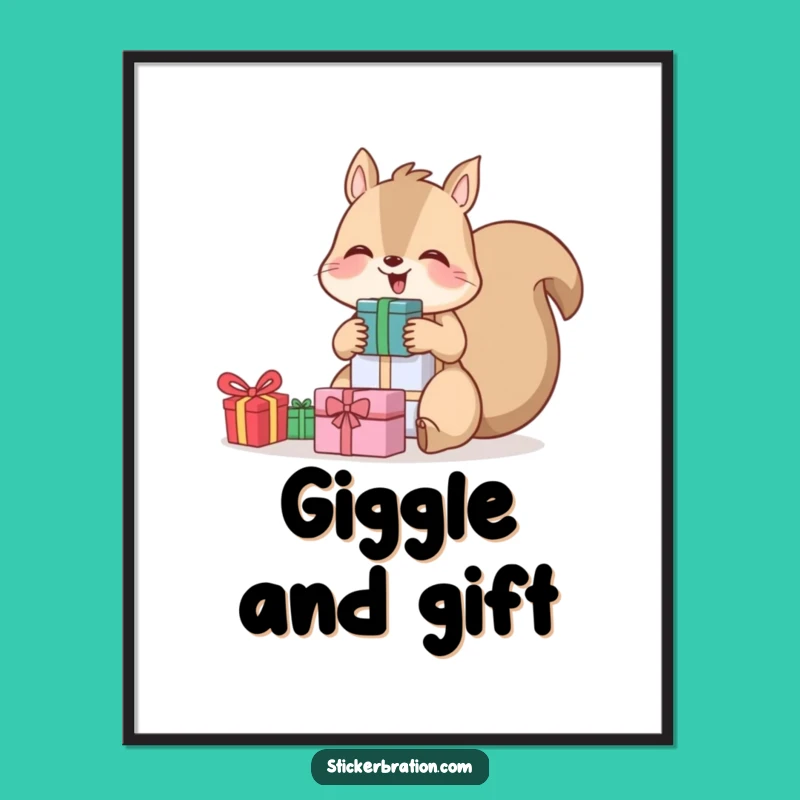 Funny Squirrel Poster: Giggling Gift Stack Art, Whimsical Decor