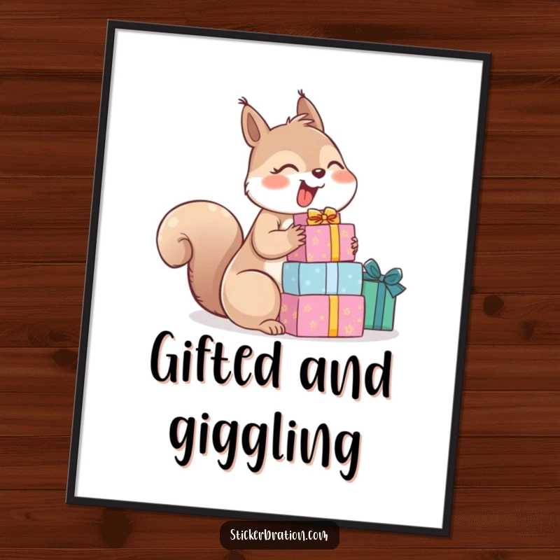 Funny poster of a giggling squirrel proudly displaying a tall stack of colorful gift boxes, radiating pure joy.