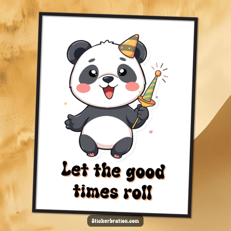 Funny panda poster depicting a joyful character joyfully setting off a vibrant party popper. Eye-catching festive art.