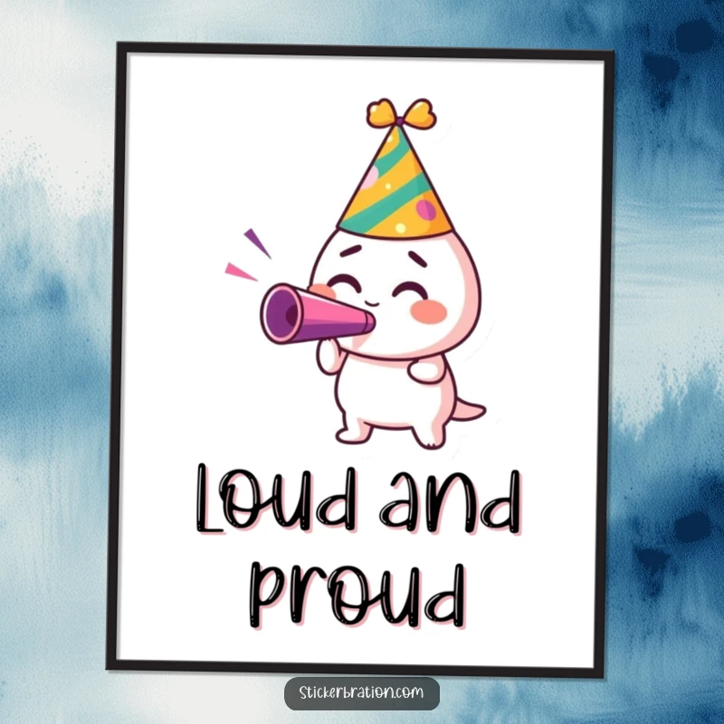 Funny poster print of a character in a party hat, blowing a noisemaker with excitement, perfect for festive walls.