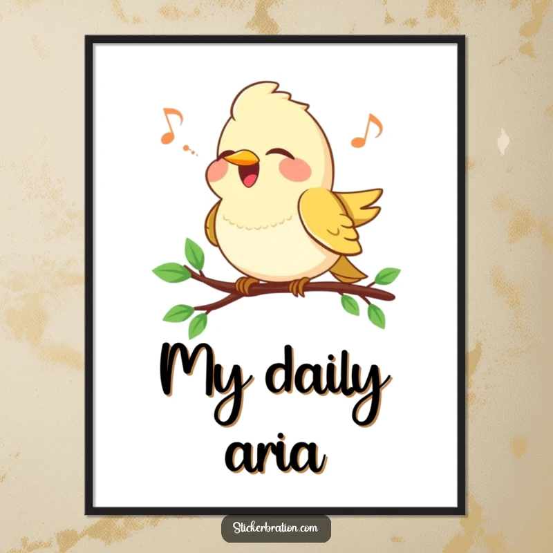 Funny Bird Song Poster: A cheerful bird sings a happy tune on a branch, beautiful nature-inspired wall art.